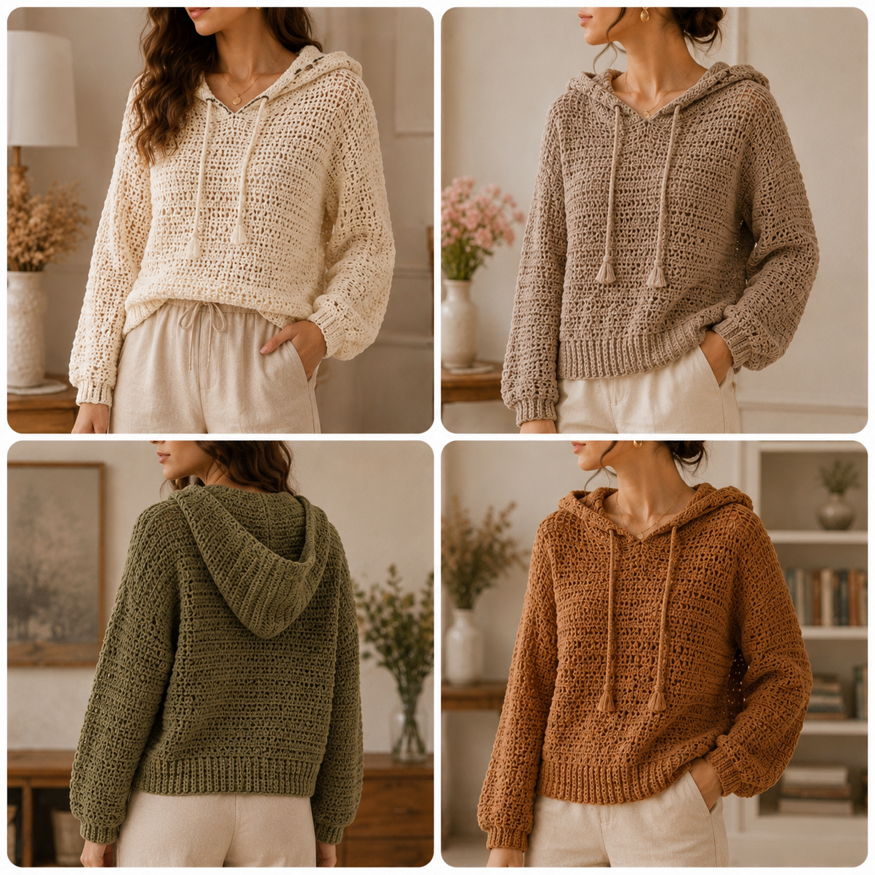 Mosaico de blusas de crochê estilo moletom com capuz